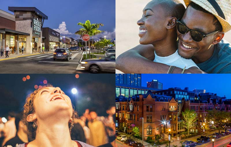 A grid of four images including a grocery storefront, a Boston street, a couple enbracing, and a woman smiling at thes sky