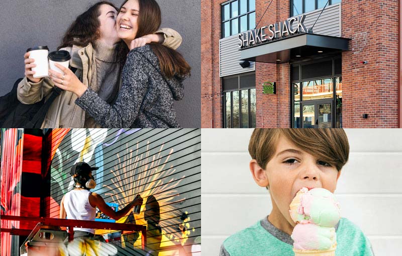 a grid of four images including two friends drinking coffee, a Shake Shack facade, an artist painting a public mural, and a child eating ice cream