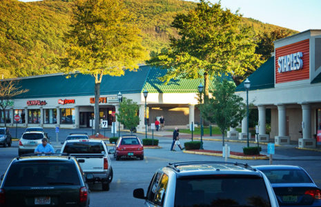 Royal Square Brattleboro VT view of shops from parking lot