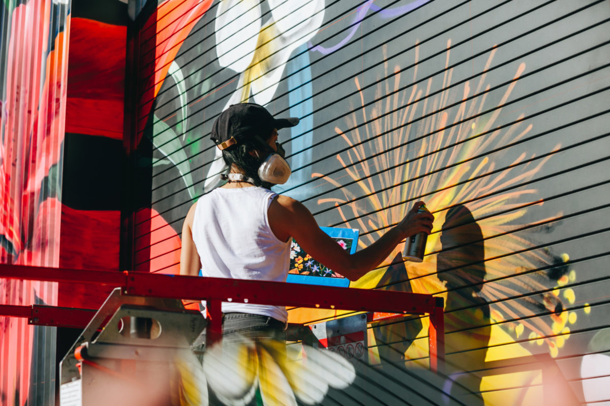 Arsenal Yards Art by Ouizi large scale floral mural installation in progress