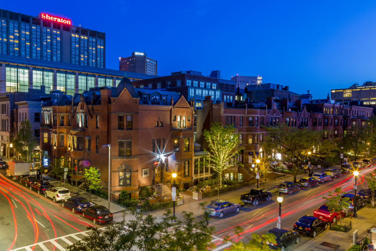 Night view of 284 Newbury Street from above