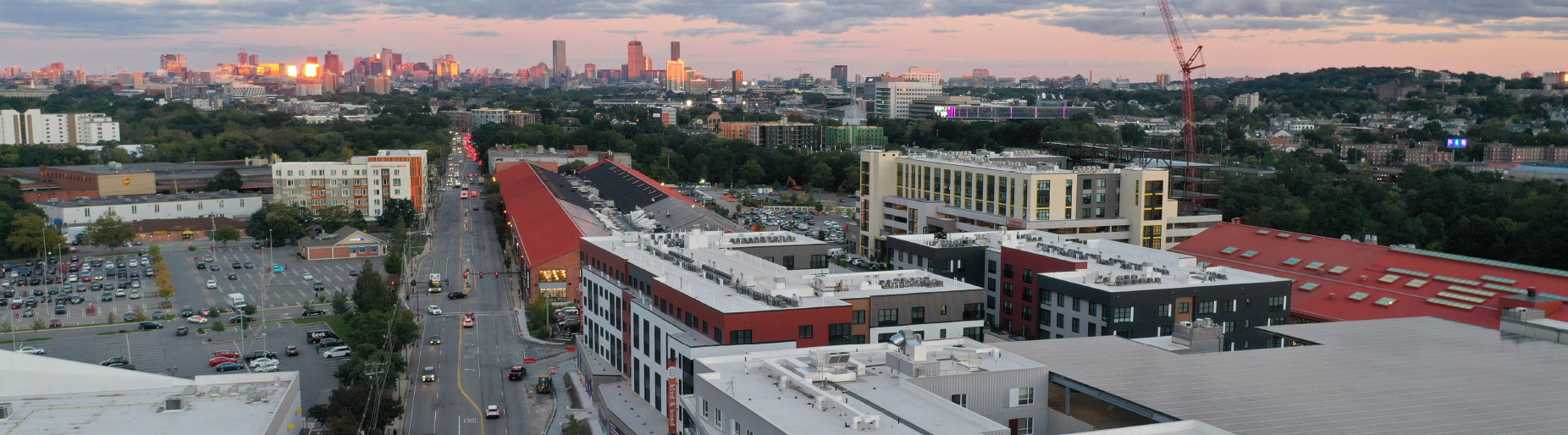 Arsenal Yards from above, looking towards the downtown Boston skyline