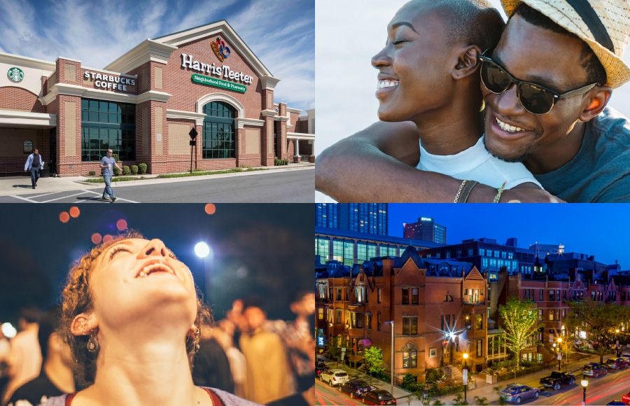 A grid of four images including a grocery storefront, a Boston street, a couple enbracing, and a woman smiling at thes sky