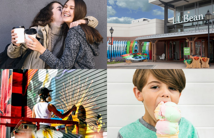 a grid of four images including two friends drinking coffee, L.L.Bean store entrance, an artist painting a public mural, and a child eating ice cream
